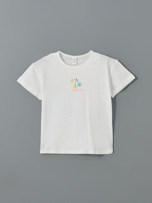 LCW Kids White Short Sleeve Printed T-Shirt for Girls