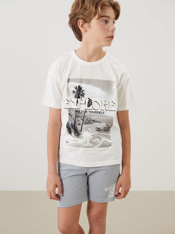 LCW Kids Cream Crew Neck Boys T-Shirt and Shorts Set