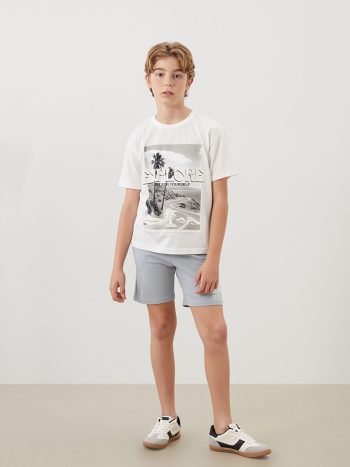 LCW Kids Cream Crew Neck Boys T-Shirt and Shorts Set