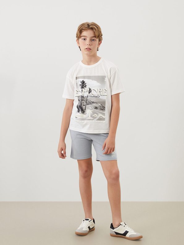 LCW Kids Cream Crew Neck Boys T-Shirt and Shorts Set