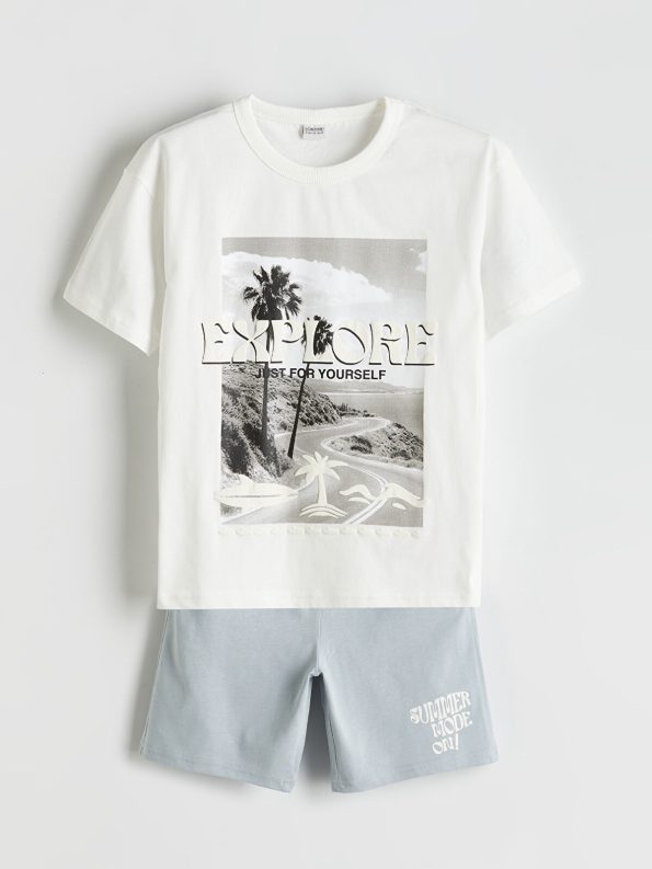 LCW Kids Cream Crew Neck Boys T-Shirt and Shorts Set