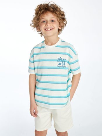 LCW Kids Cream Striped Crew Neck T-Shirt for Boys