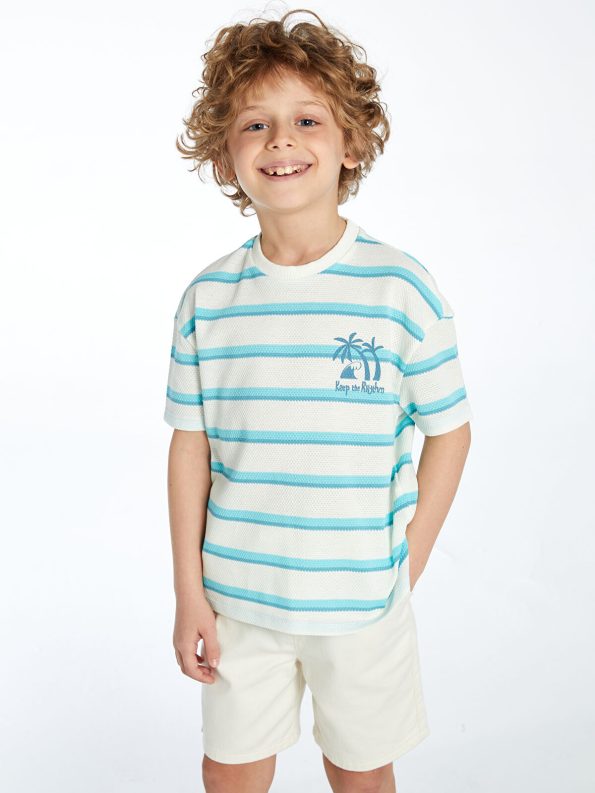 LCW Kids Cream Striped Crew Neck T-Shirt for Boys
