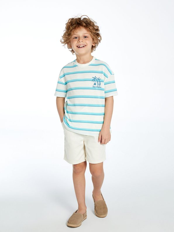 LCW Kids Cream Striped Crew Neck T-Shirt for Boys