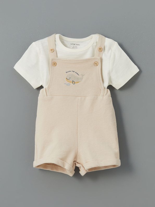 LCW Baby Beige Organic Cotton Baby Boy Overall and T-Shirt Set