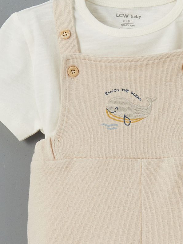 LCW Baby Beige Organic Cotton Baby Boy Overall and T-Shirt Set