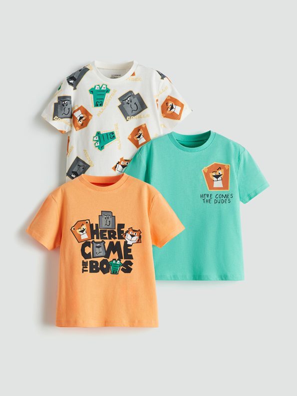 LCW Kids Orange Printed Crew Neck T-Shirt Set for Boys