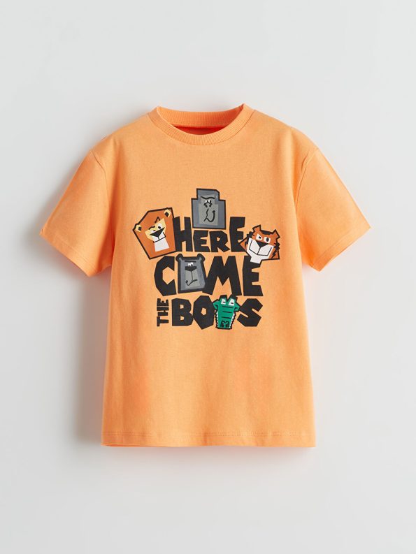 LCW Kids Orange Printed Crew Neck T-Shirt Set for Boys