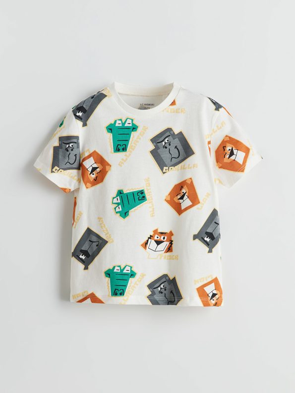 LCW Kids Orange Printed Crew Neck T-Shirt Set for Boys