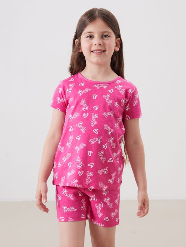 LCW Kids Pink Barbie Printed Girls' Pajama Set with Shorts