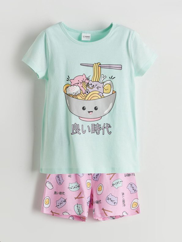 LCW Kids Turquoise Printed Girls' Pajama Set with Shorts