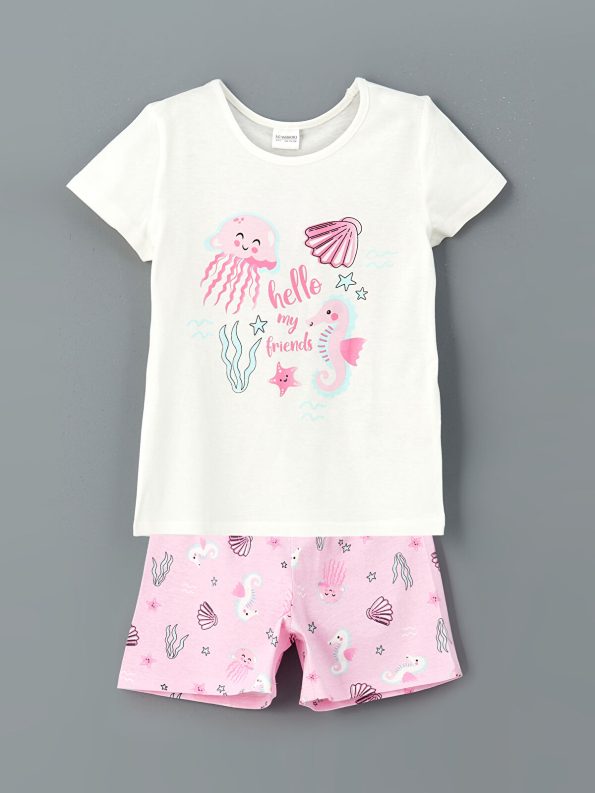 LCW Kids Cream Printed Girls' Pajama Set with Shorts