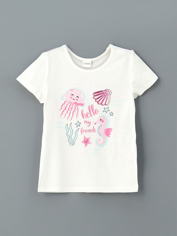 LCW Kids Cream Printed Girls' Pajama Set with Shorts