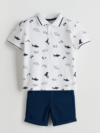 LCW Kids Cream Polo Neck Printed Boys' Baby T-Shirt and Shorts Set