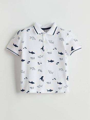 LCW Kids Cream Polo Neck Printed Boys' Baby T-Shirt and Shorts Set