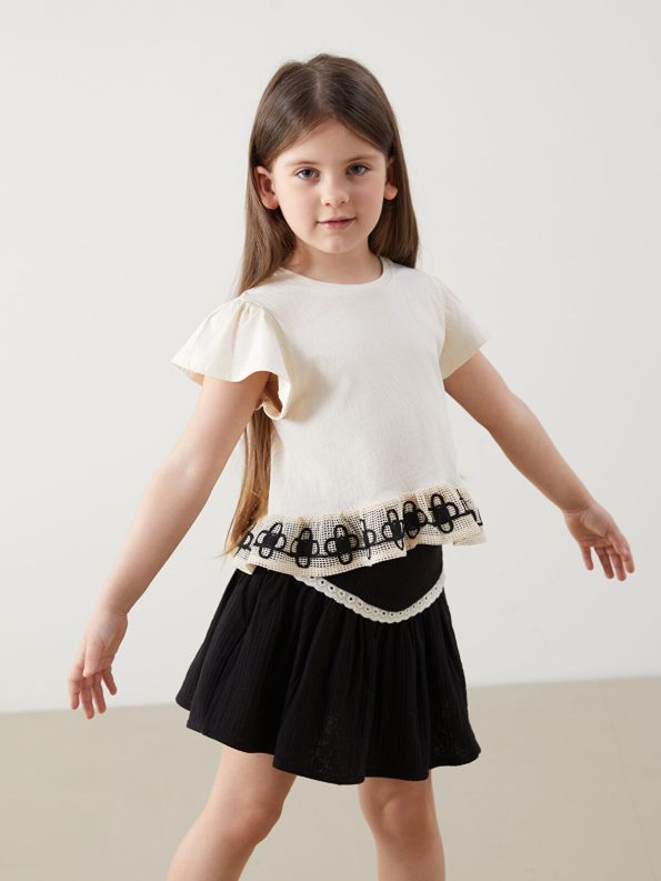 LCW Kids Cream Embroidered Short Sleeve T-Shirt for Girls
