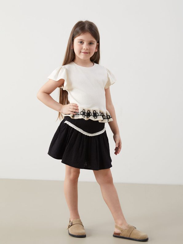LCW Kids Cream Embroidered Short Sleeve T-Shirt for Girls