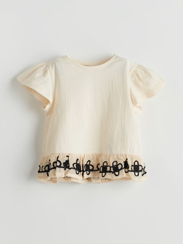 LCW Kids Cream Embroidered Short Sleeve T-Shirt for Girls