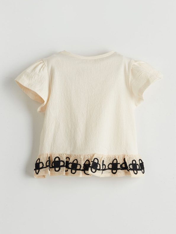 LCW Kids Cream Embroidered Short Sleeve T-Shirt for Girls