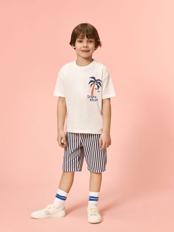 LCW Kids Cream Crew Neck Printed Boys' T-Shirt and Shorts Set