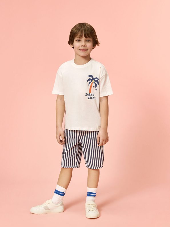 LCW Kids Cream Crew Neck Printed Boys' T-Shirt and Shorts Set