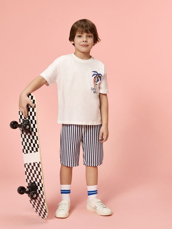LCW Kids Cream Crew Neck Printed Boys' T-Shirt and Shorts Set