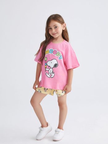 LCW Kids Pink Snoopy Print Short Pajama Set for Girls