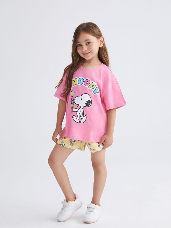 LCW Kids Pink Snoopy Print Short Pajama Set for Girls