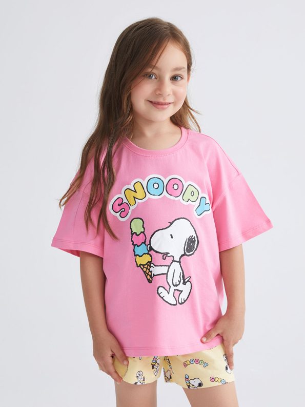 LCW Kids Pink Snoopy Print Short Pajama Set for Girls
