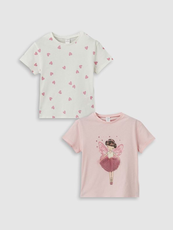 LCW Kids Pink Crew Neck Printed Girls T-Shirt Set