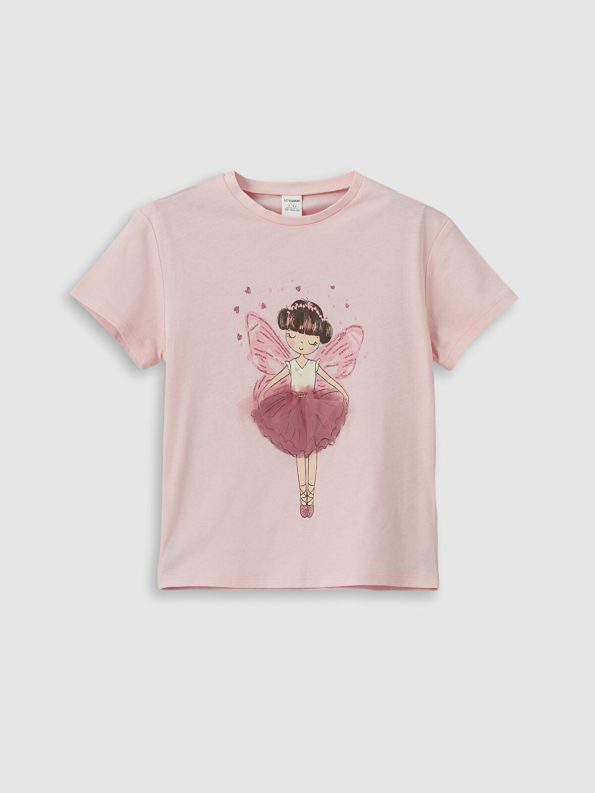 LCW Kids Pink Crew Neck Printed Girls T-Shirt Set