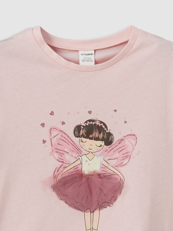 LCW Kids Pink Crew Neck Printed Girls T-Shirt Set