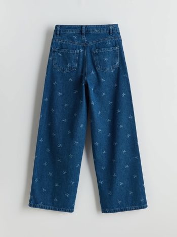 LCW Kids Blue Adjustable Waist Bow Patterned Girls' Denim Pants