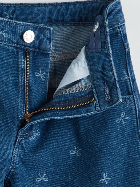 LCW Kids Blue Adjustable Waist Bow Patterned Girls' Denim Pants
