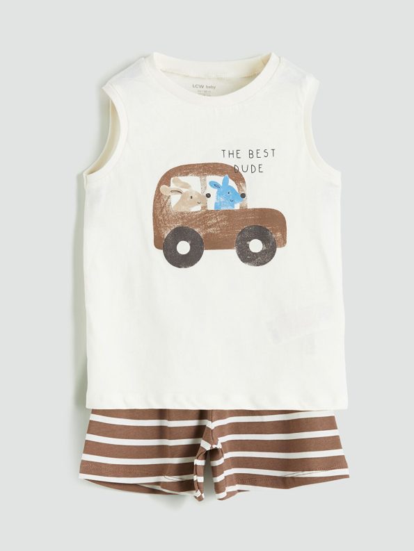 LCW Baby Cream Printed Baby Boy Tank Top and Shorts Set