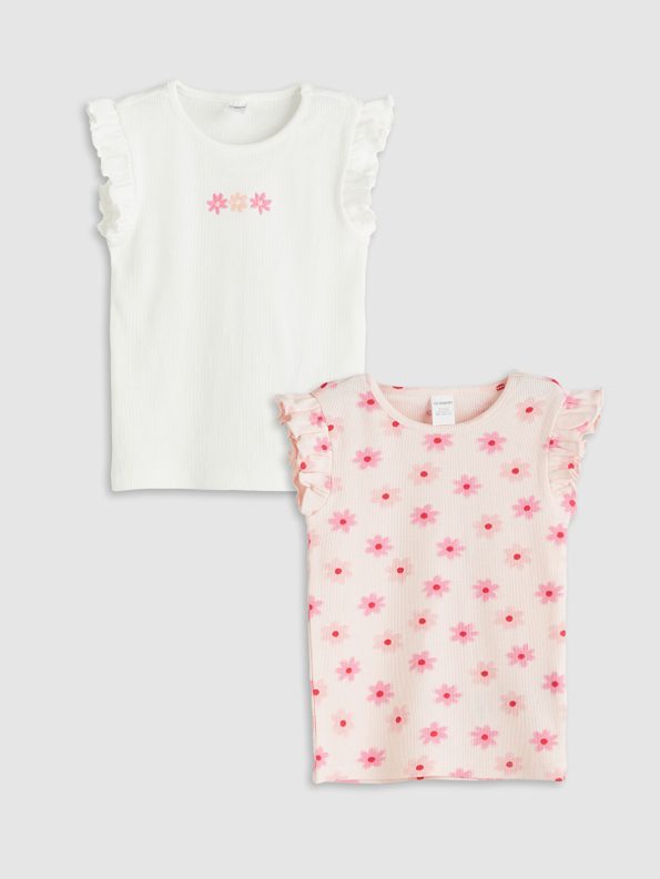 LCW Kids Cream Floral Print Girls' Sleeveless Top Set