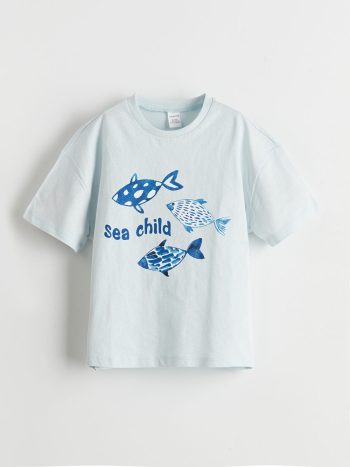 LCW ECO Blue Printed Crew Neck T-Shirt for Boys