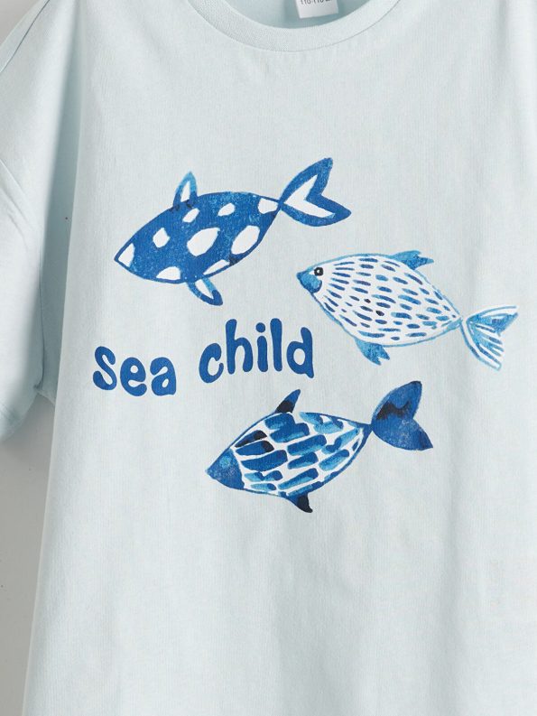 LCW ECO Blue Printed Crew Neck T-Shirt for Boys