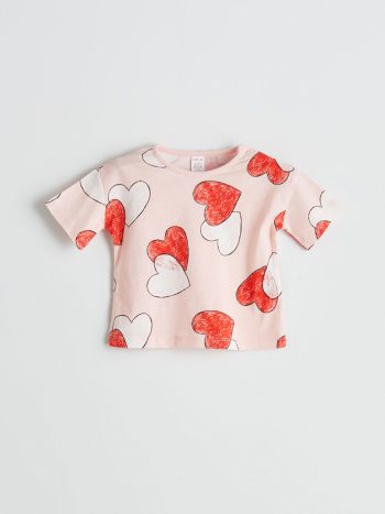 LCW Baby Beige Heart Print Girls' T-Shirt Set