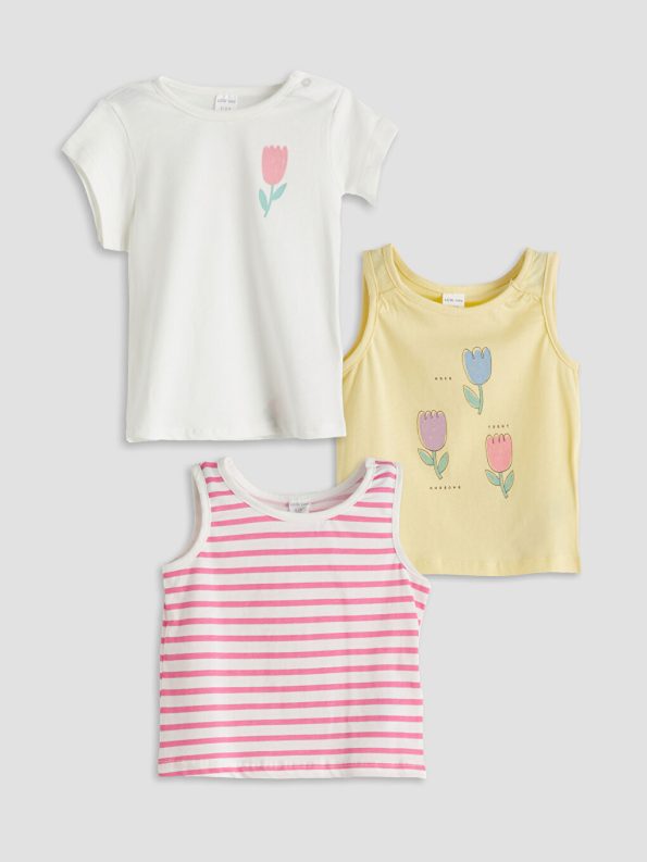 Sleeveless Printed Baby Girl Dress with Round Neck - Set of 3