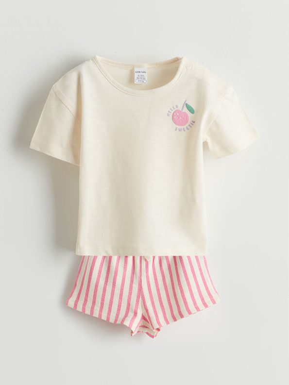 LCW Baby Beige Printed Girl's T-Shirt and Striped Shorts Set
