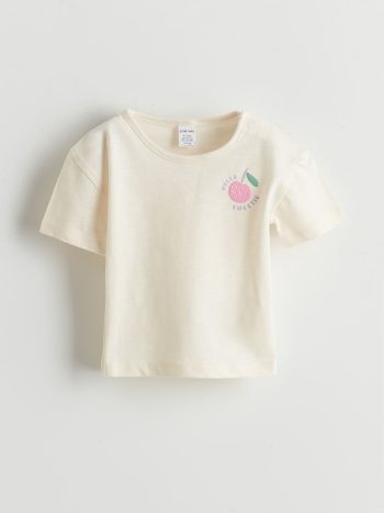 LCW Baby Beige Printed Girl's T-Shirt and Striped Shorts Set