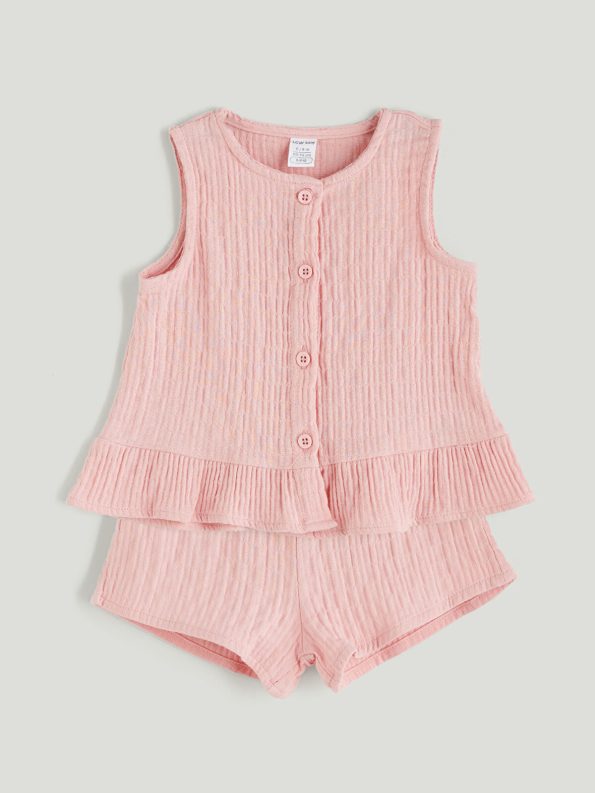 LCW Baby Pink Muslin Bicycle Neck Blouse and Shorts Set