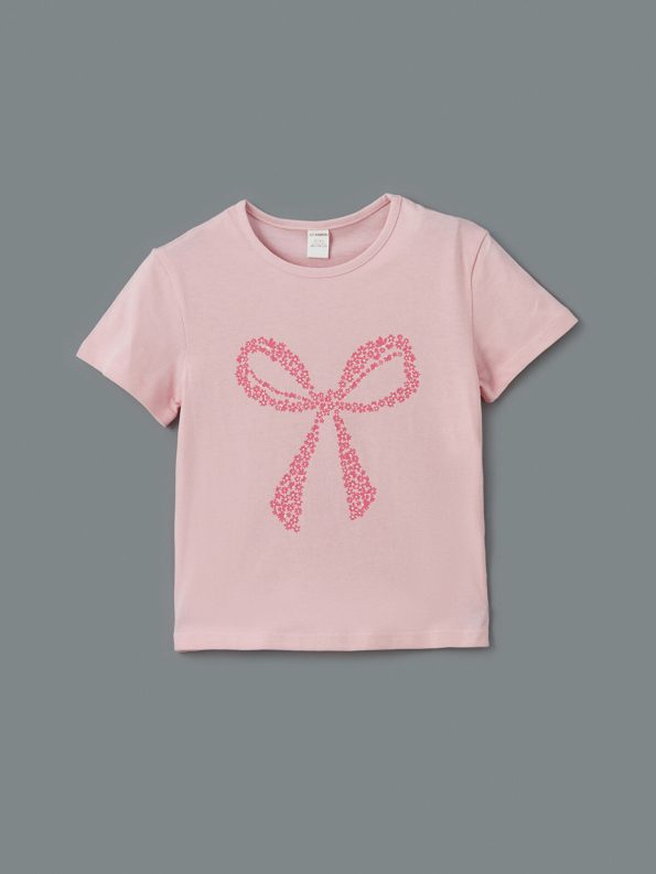 LCW Kids Cream Round Neck Bow Detail Girls T-Shirt Set