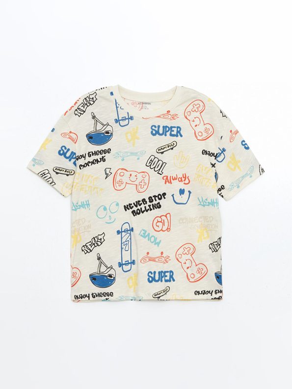 LCW Kids Beige Crew Neck Printed Baby Boy T-Shirt and Shorts Set