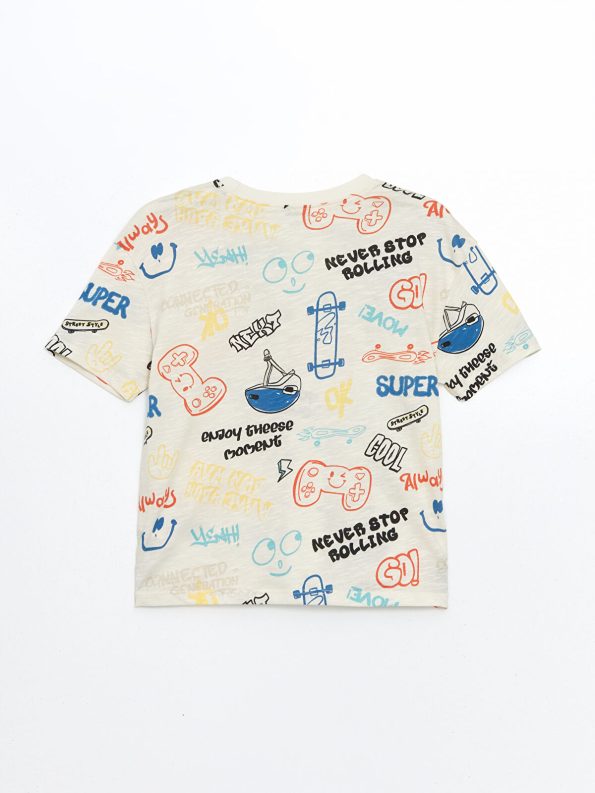 LCW Kids Beige Crew Neck Printed Baby Boy T-Shirt and Shorts Set