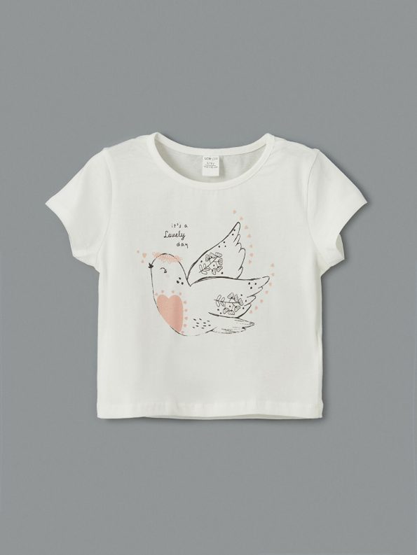 LCW ECO Pink Crew Neck Printed T-Shirt and Shorts Set for Girls