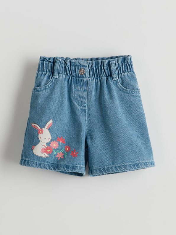 LCW Kids Blue Elastic Waist Printed Girls Denim Shorts