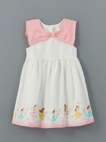 LCW Kids Cream Bicycle Neck Bow Detail Dress for Girls