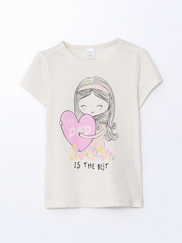 LCW ECO Cream Printed Round Neck T-Shirt for Girls